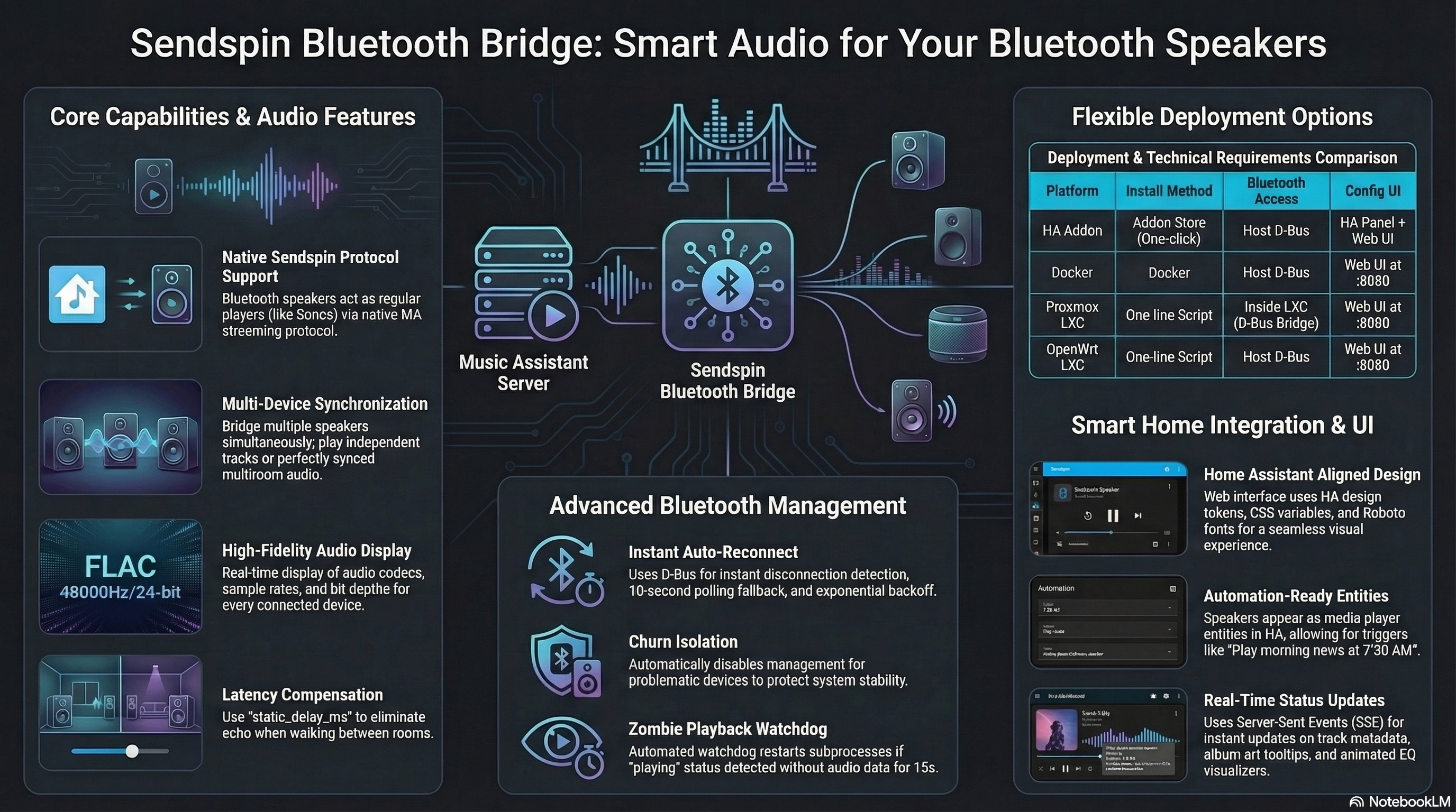 Sendspin Bluetooth Bridge infographic — features, architecture and deployment options