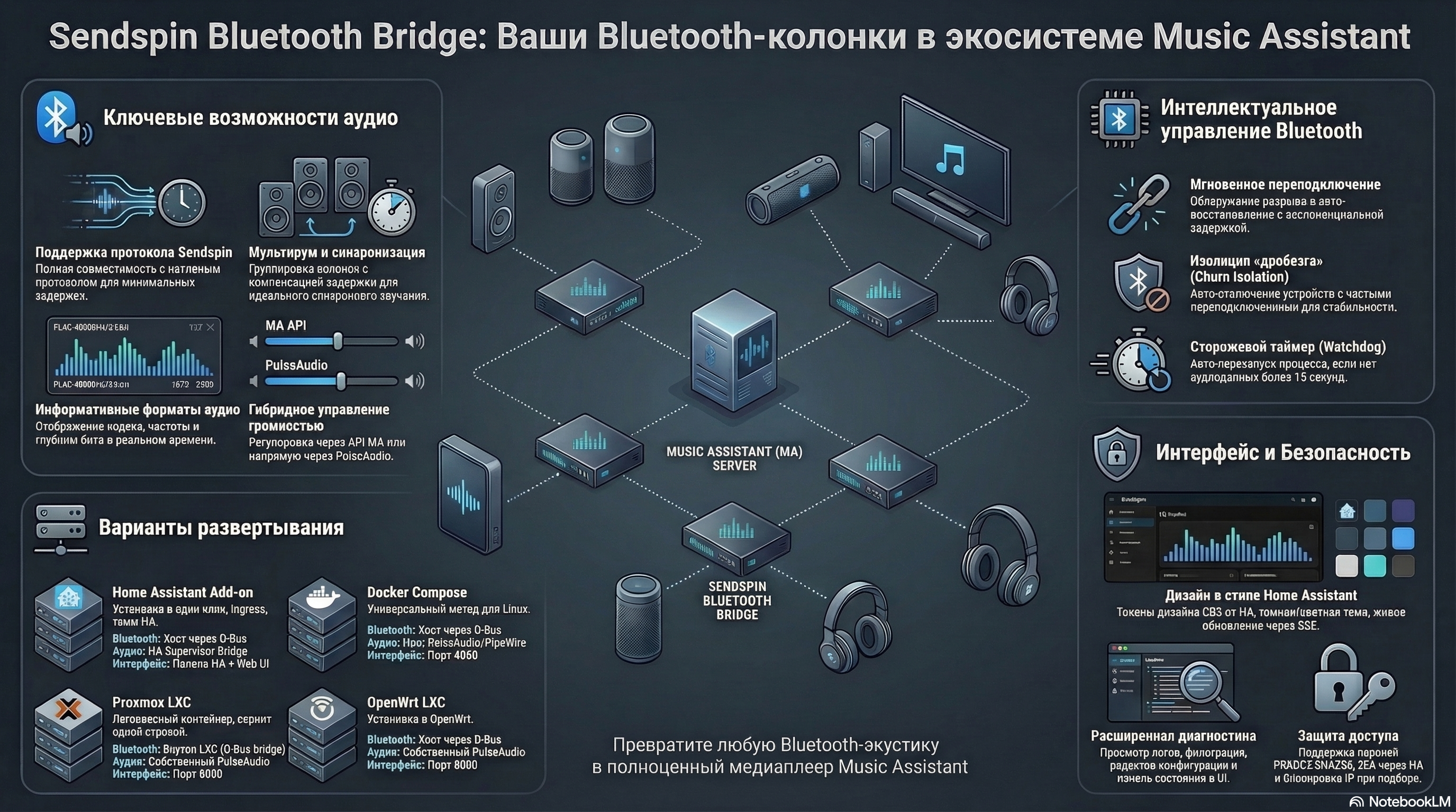 Инфографика Sendspin Bluetooth Bridge — возможности, архитектура и варианты развёртывания