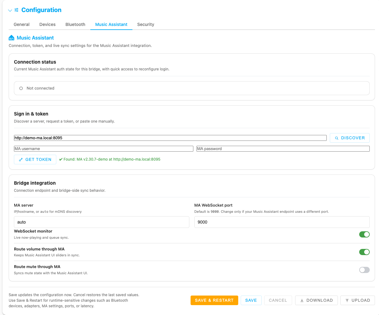 Music Assistant tab with connection status, token flows, and bridge integration toggles