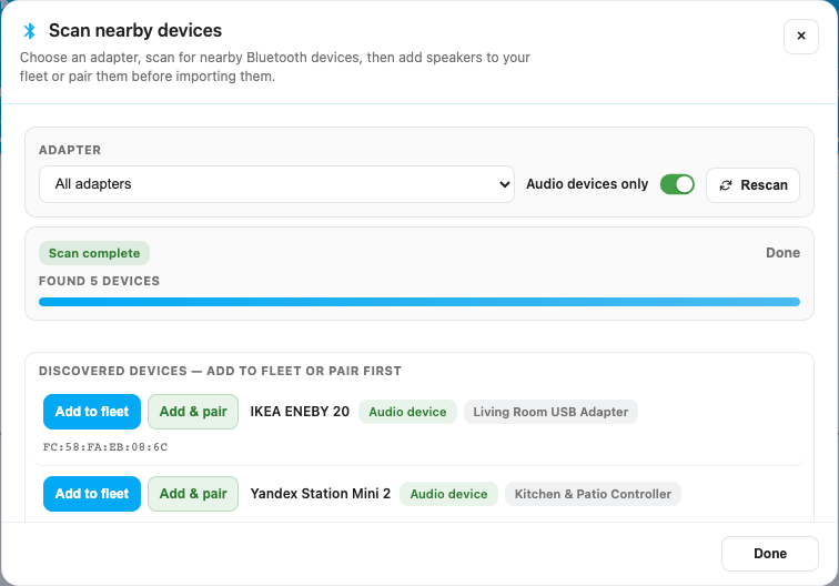 Bluetooth scan modal with adapter selection, audio-only filter, progress, and import actions