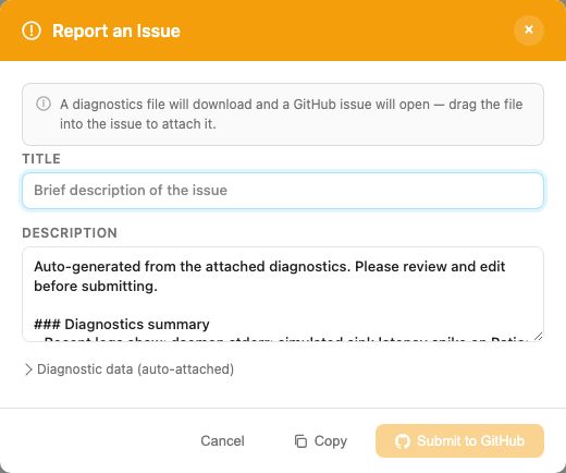 Bug report dialog with diagnostics-driven suggested description and auto-attached report preview