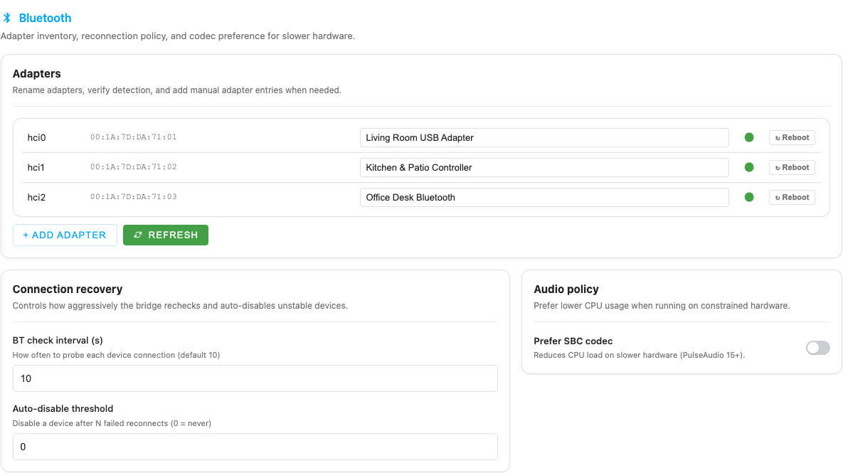 Bluetooth tab with adapter naming and recovery policy
