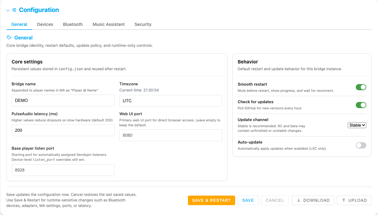 General tab of the redesigned Configuration section, with cards and footer actions