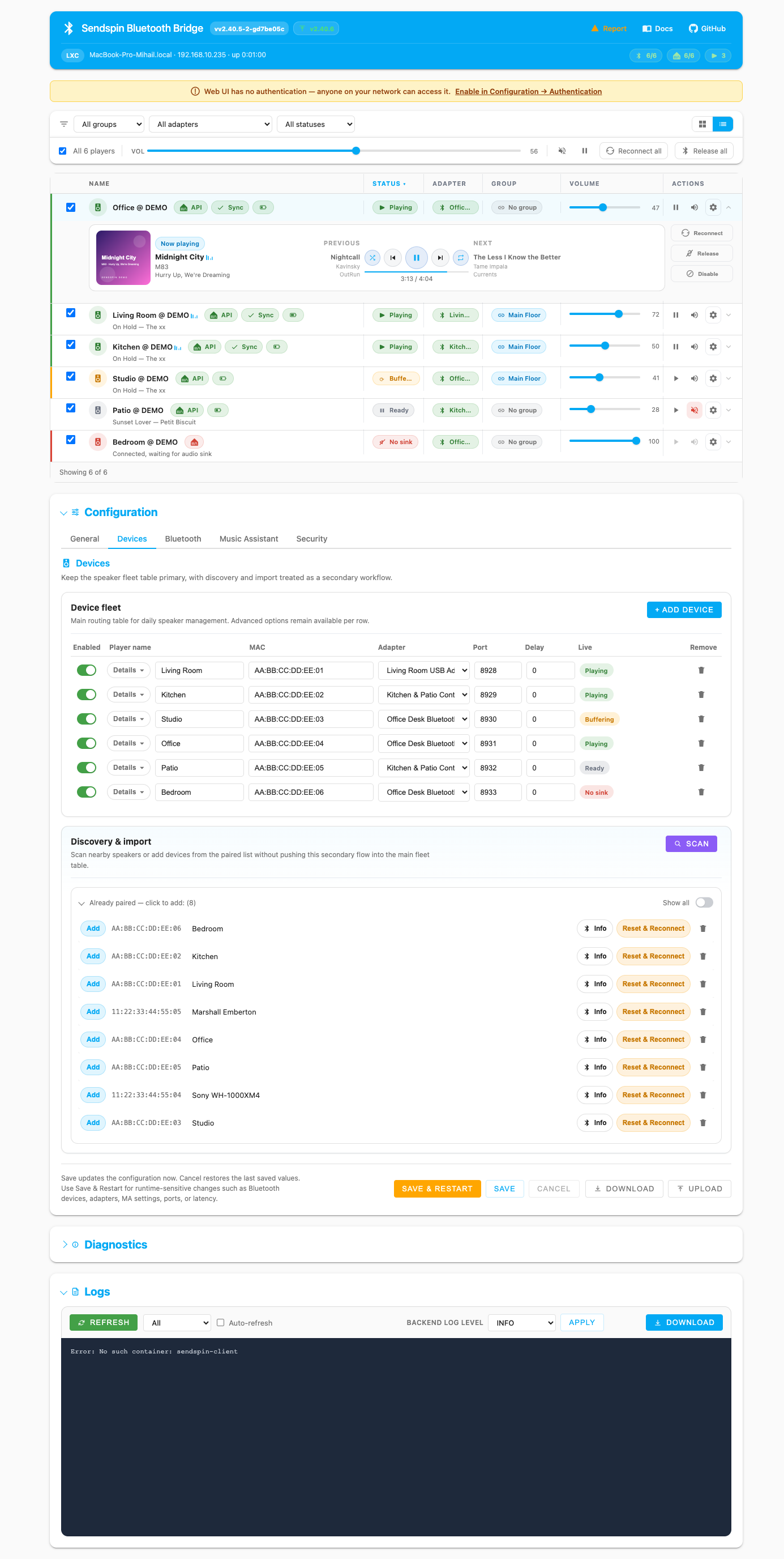 Web dashboard showing multiple Bluetooth speakers with real-time playback status, volume controls and sync state