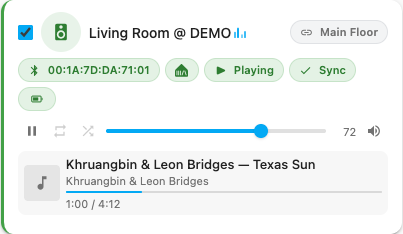 Device card while playing, with badges, track info, progress, and transport controls