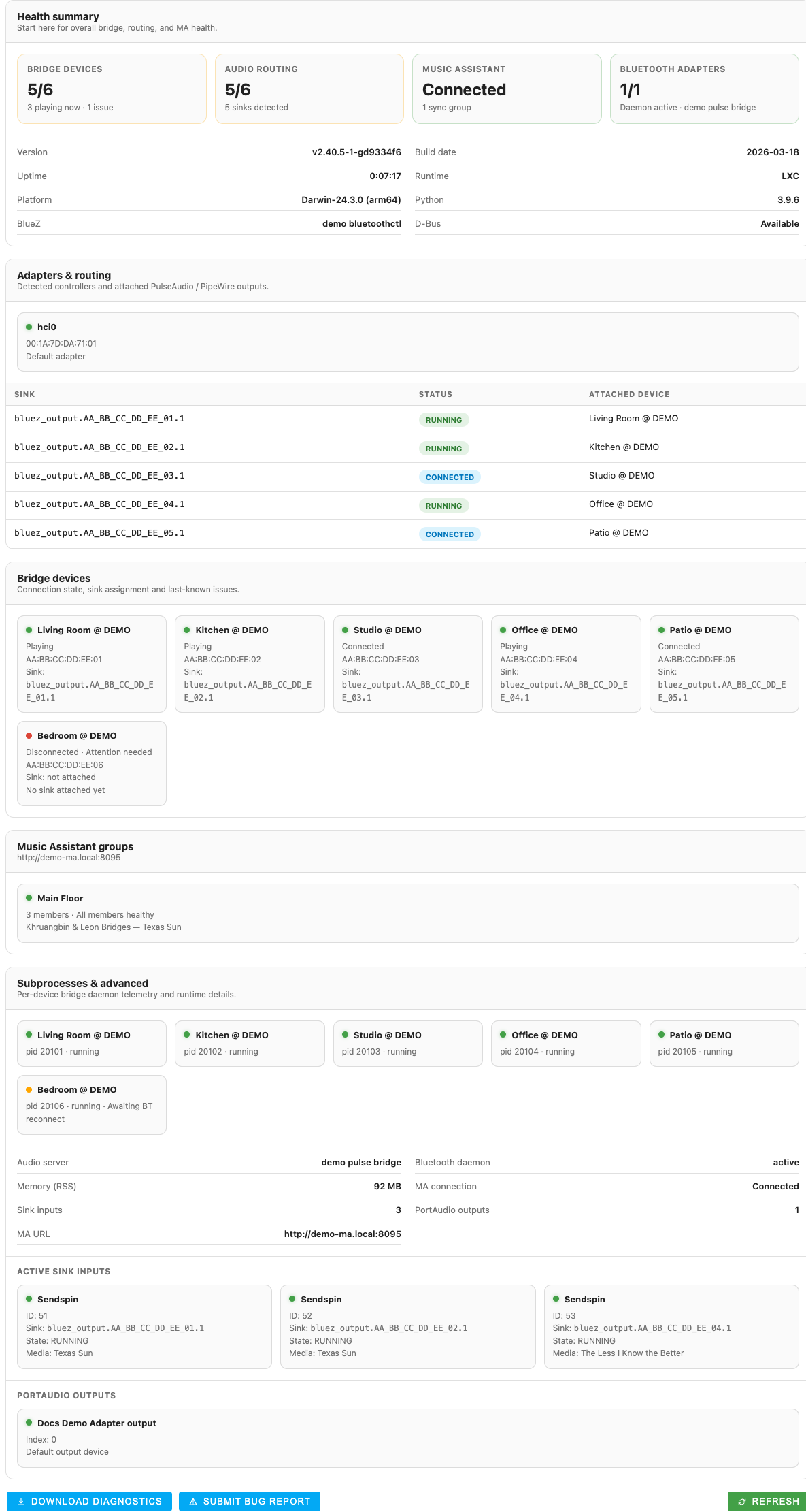 Diagnostics section with health summary cards, routing details, bridge devices, and advanced runtime data