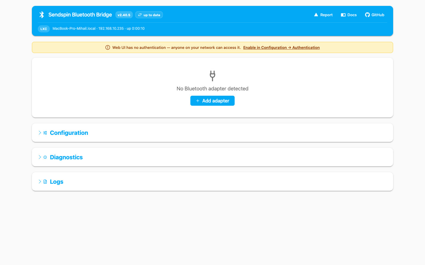 Empty dashboard state with Scan for devices action