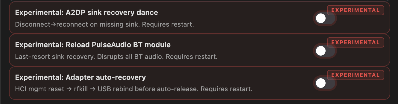The three experimental recovery toggles in the Bluetooth tab, each labelled with an EXPERIMENTAL chip