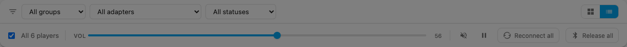 Toolbar with group filter, adapter filter, status filter, selection count, batch volume, and view toggle