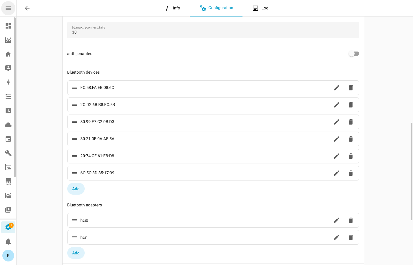 HA addon device and adapter lists plus device edit dialog