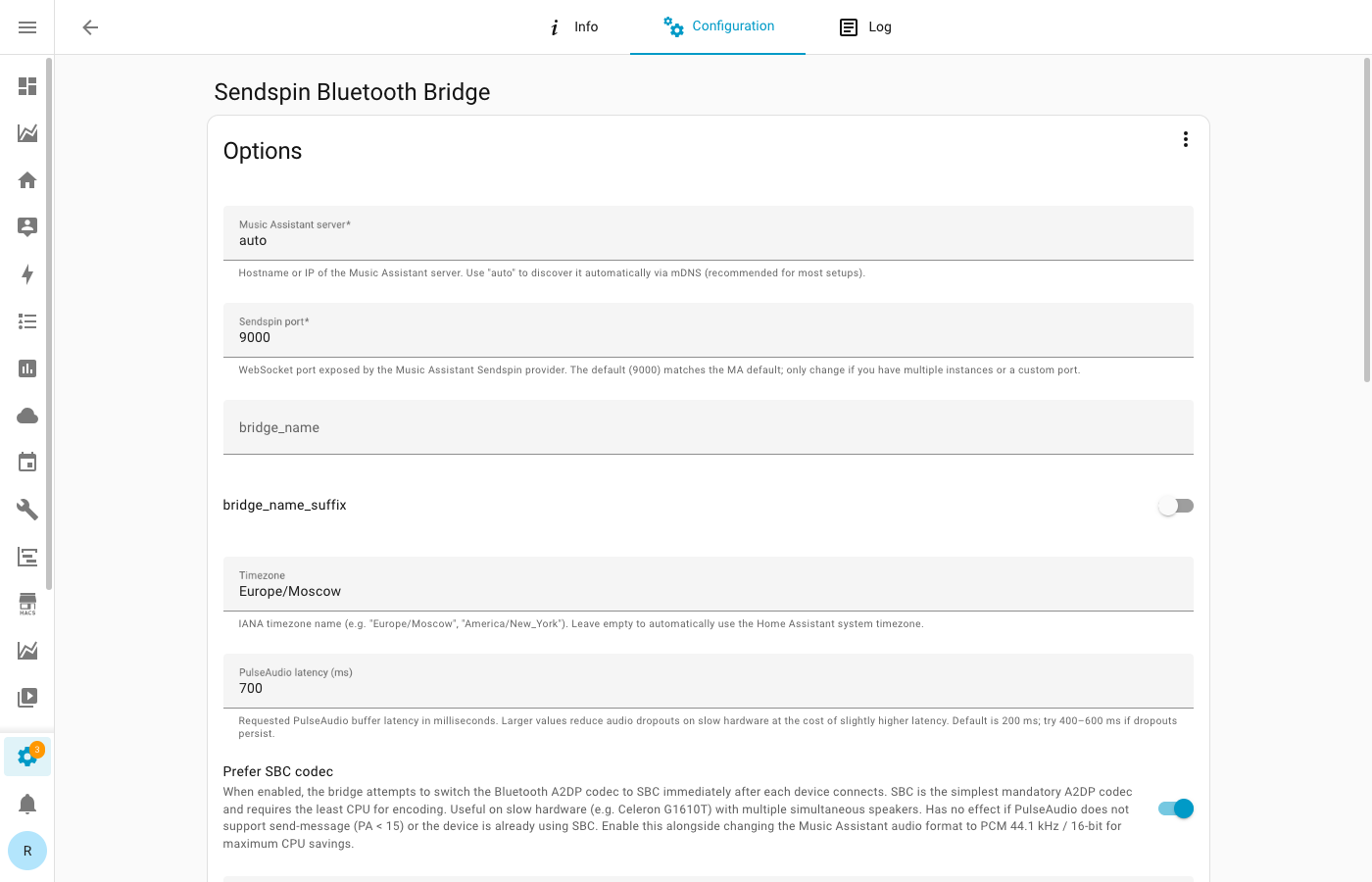 HA addon configuration panel with core options