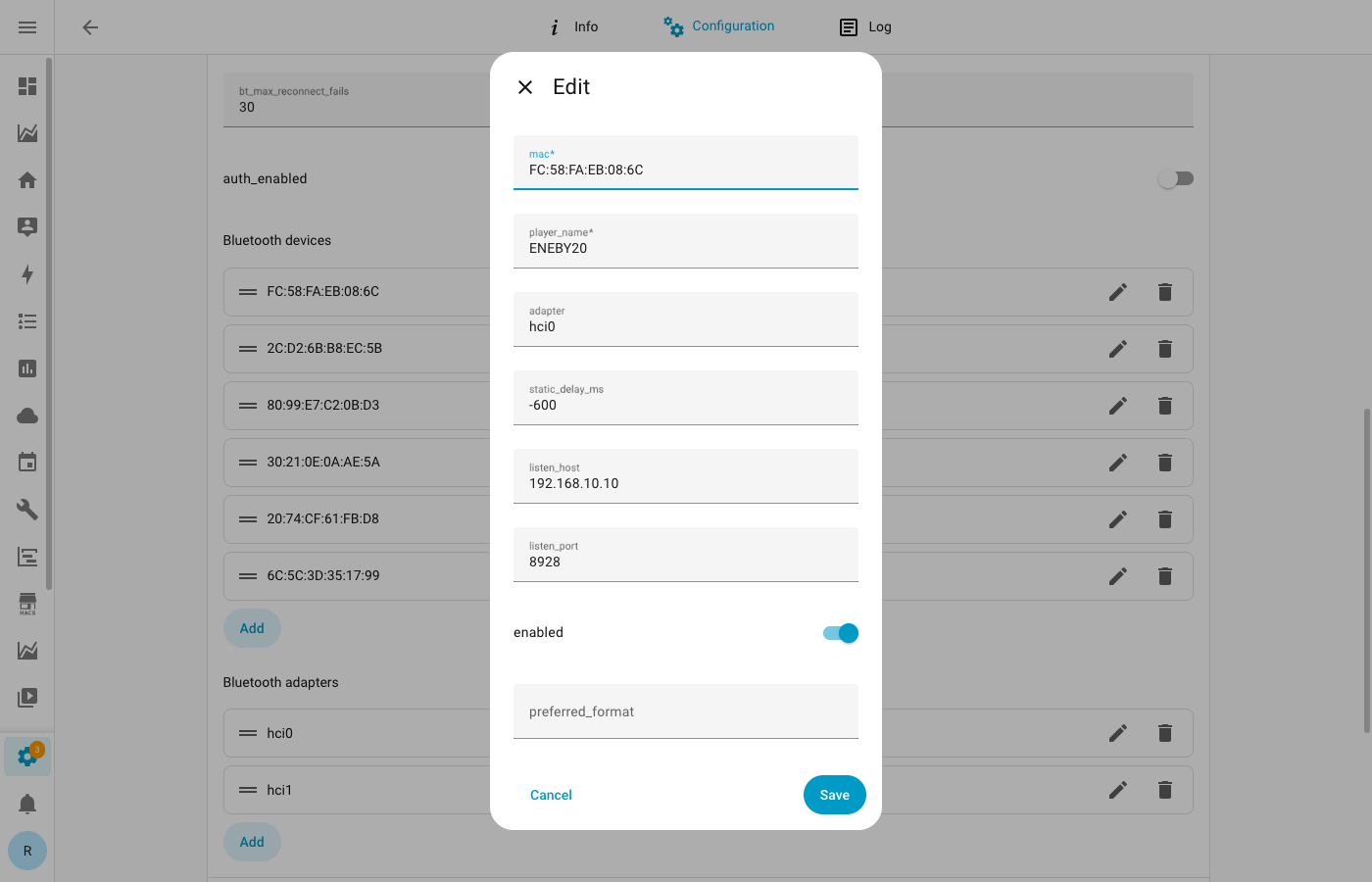 Home Assistant addon device edit dialog
