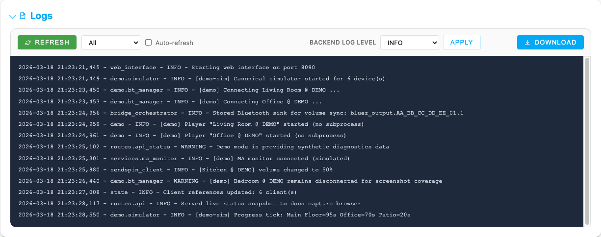 Logs section with filters, runtime log-level controls, and downloadable output