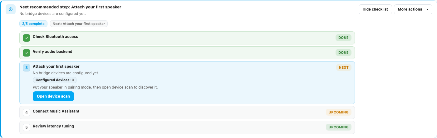 Onboarding checklist with explicit show-hide control, progress summary, and guided actions