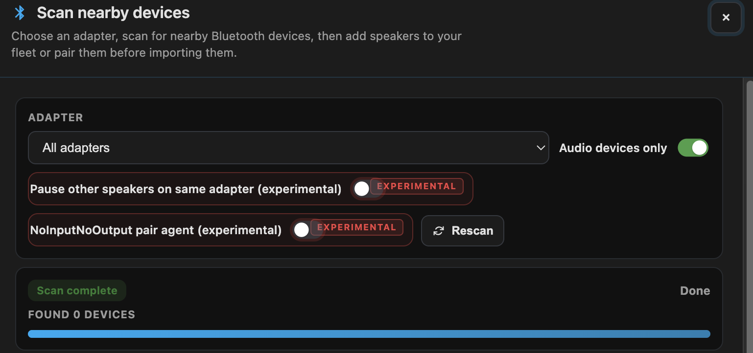 Scan nearby modal with the experimental peer-quiesce and NoInputNoOutput pair-agent toggles visible