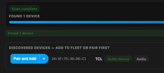 Scan results with the Pair and Add split-button on a discovered audio device