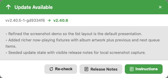 Update modal showing current version, target version, release notes, and available actions